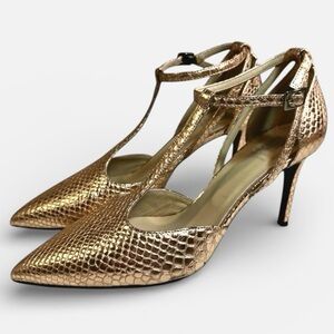 Bruno Magli Malena Snake Embossed T-Strap Pump Pointed Toe Gold Size 39 US 8